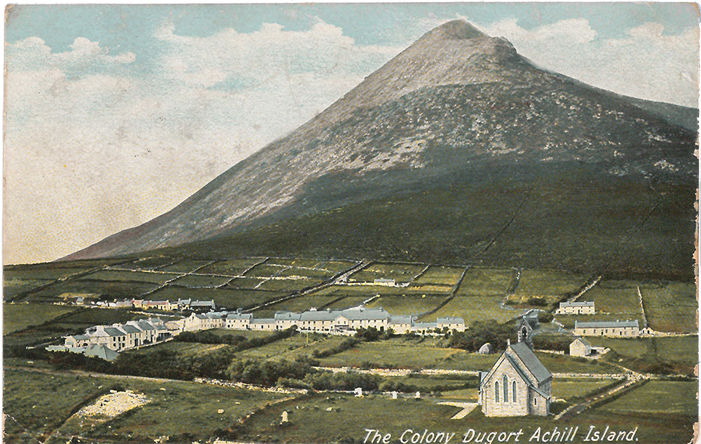 Coloured postcard depicting The Colony Dugort Achill