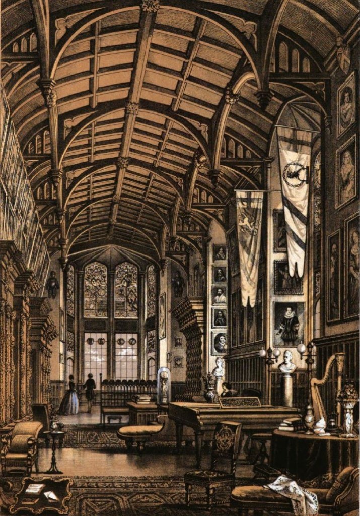 Coloured illustration of the hall and staircase at Adare Manor from the Memorials of Adare Manor