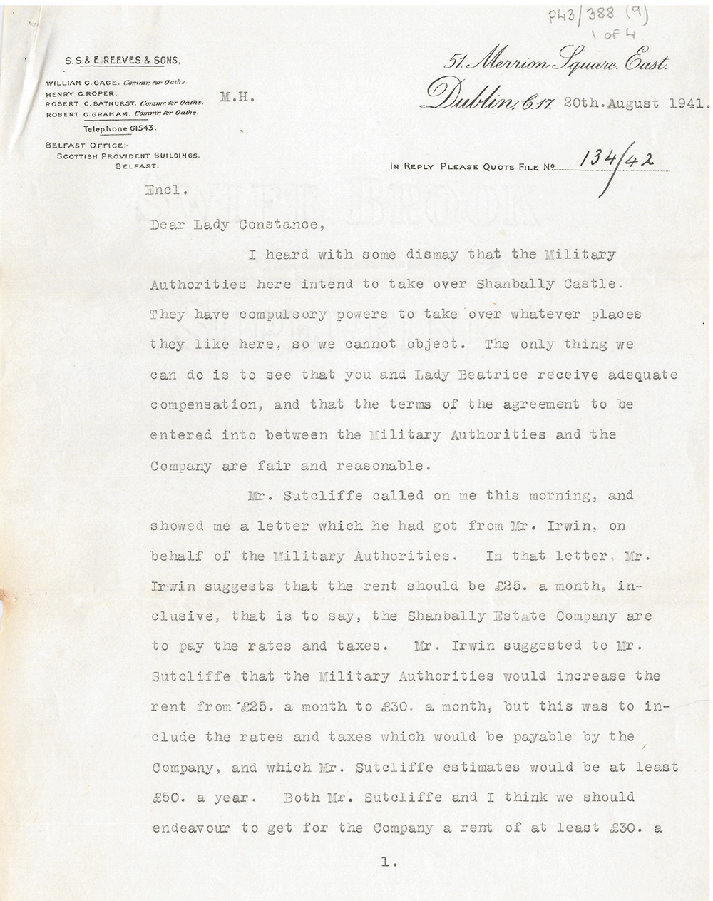 Typed letter on headed paper from Henry Roper to Lady Constance Butler