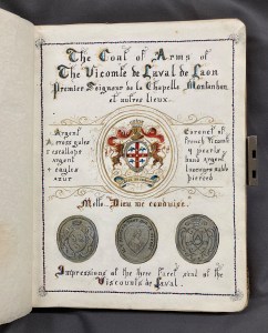 Opened notebook relating to the de Laval family, featuring handwriting, ornaments and coat of arms