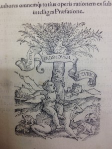 Photograph of printed image. The image is of a chubby baby riding a giant frog in front of a tree, surrounded by smaller frogs. In the background there is a lake and houses in the distance. There is a banner wrapped around the tree with the text: Christof. Froshover. Zurich. The image is printed in black on white background.