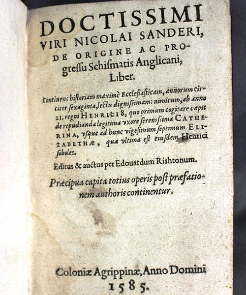 Title page of De origine ac progressu schismatis Anglicani printed in 1585
