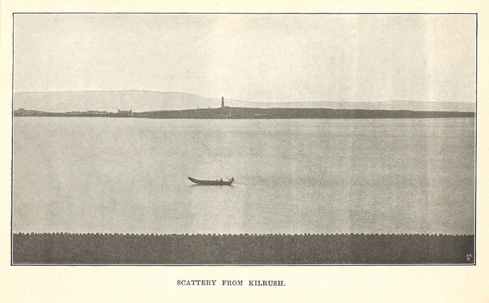 Black and white image of a small boat in the water and an island in the background
