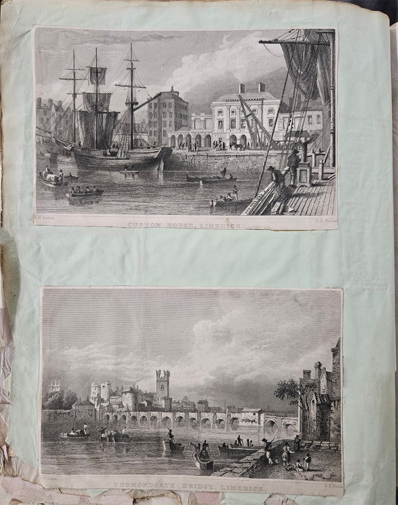 Two cut out images pasted down on worn page