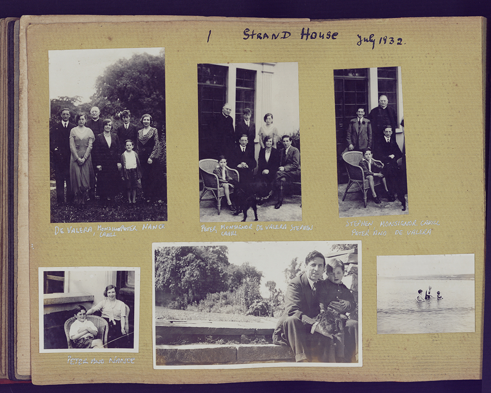 Six black and white photographs stuck to a larger yellow page